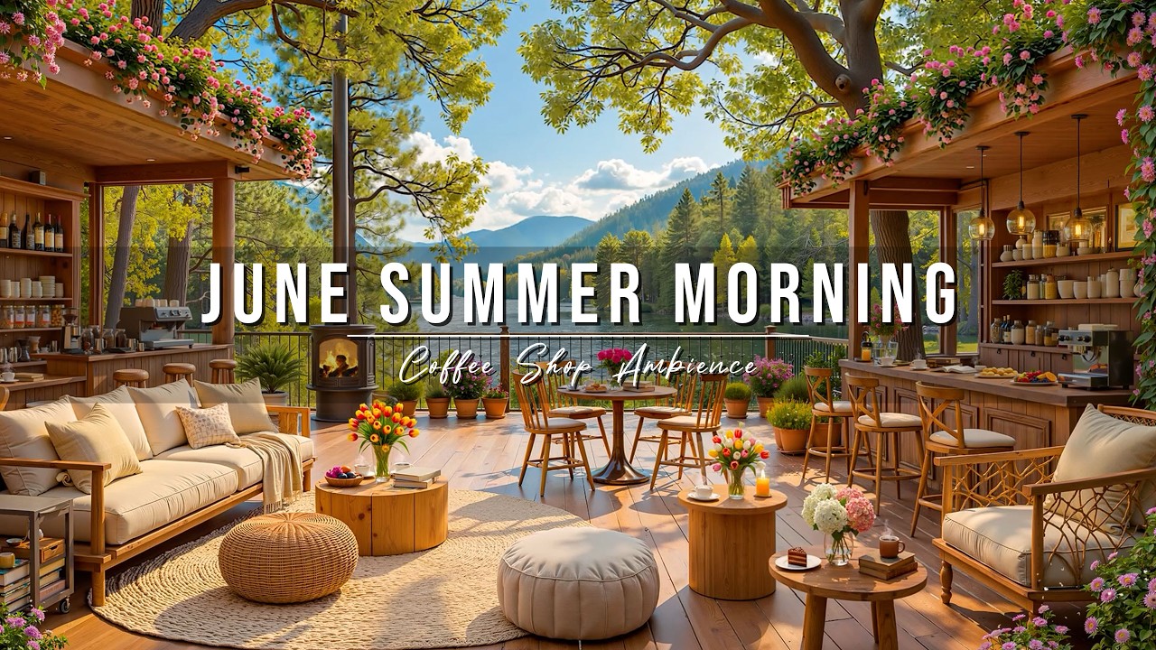 Calm June Summer Morning ☀️ Outdoor Coffee Shop Ambience ~ Relaxing Jazz Music to Start Your Day
