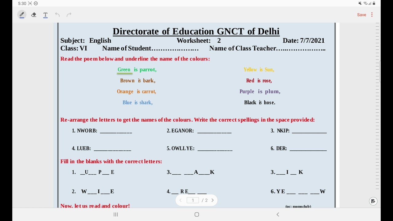 DOE  class 6 Worksheet 2 Subject:English (7/7/21) Class 6