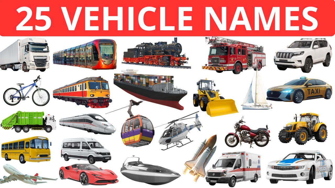 Learn Vehicle Names in English | 25 Types of Vehicles | Transport Vocabulary for Kids