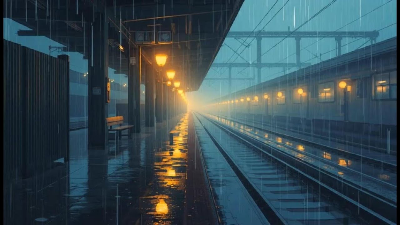 Rainy Night Train Station 🌧️ Calm Night Ambience for Sleep, Study & Relaxation