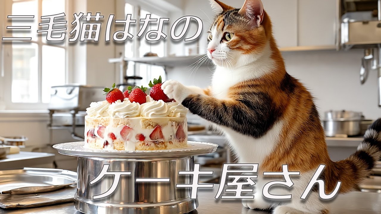 【はたらくねこ】三毛猫はなのケーキ屋さん🍰いちごケーキを振る舞う🐱
