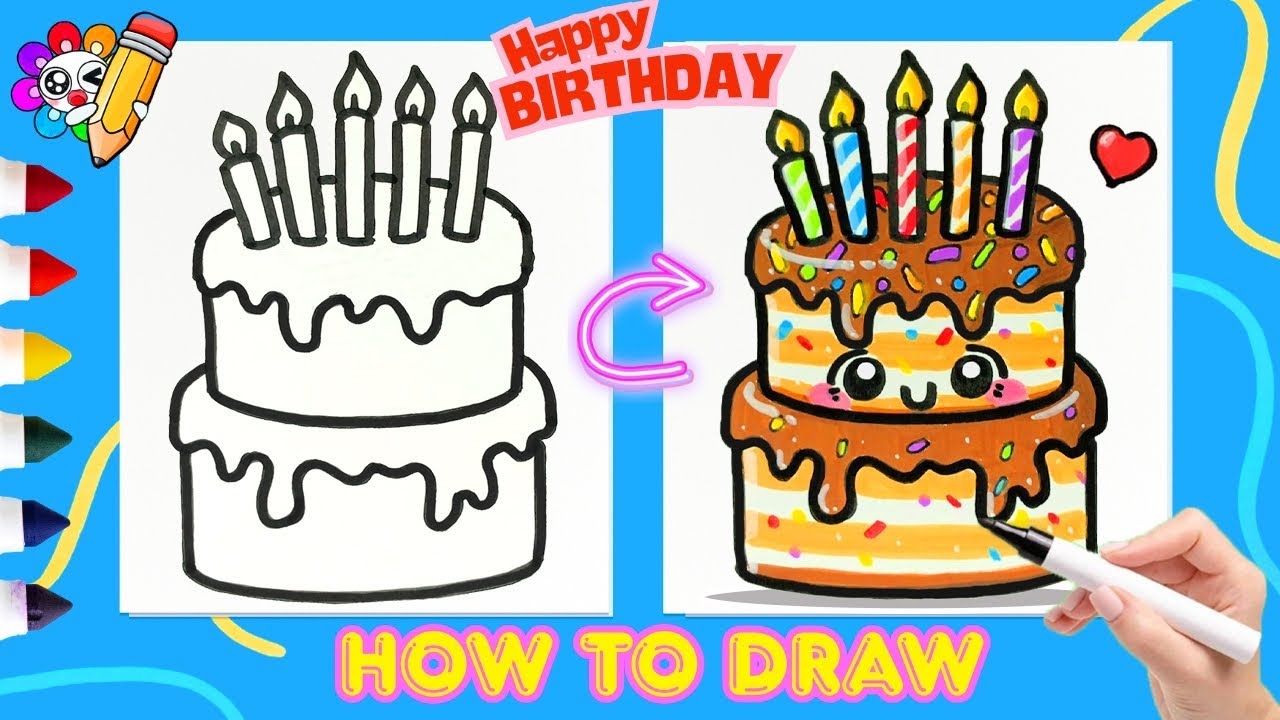 How To Draw A Cute Birthday Cake 🎂 🎈 EASY Happy Birthday cake step by step with MICHIBI