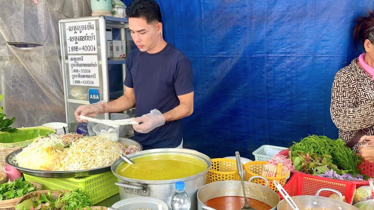 A Handsome Young Man Selling Num Banh Chok / Rice Noodles with Green Curry - Cambodian Street Food