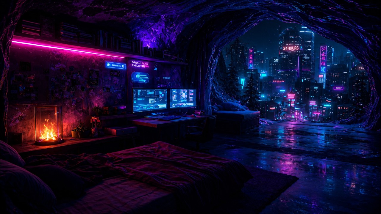 Cyberpunk Rain Ambience 🌧️ Neon Night Room 4K | Soft Rain Sounds for Sleep, Focus & Relaxing
