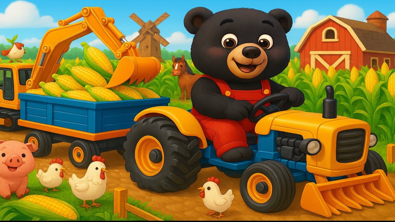 🐻 Bear Farmer Cares for Corn Field 🌱 &mdash; Harvest Season with Harvester 🚜🎉 | Vehicles Farm Animated