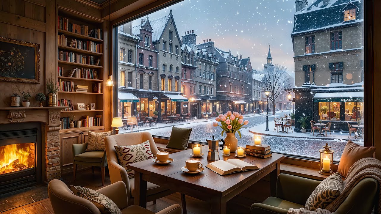 Cozy Winter Jazz Music in Bookstore Cafe Ambience ☕ Relax Jazz Piano & Fireplace for Working, Study