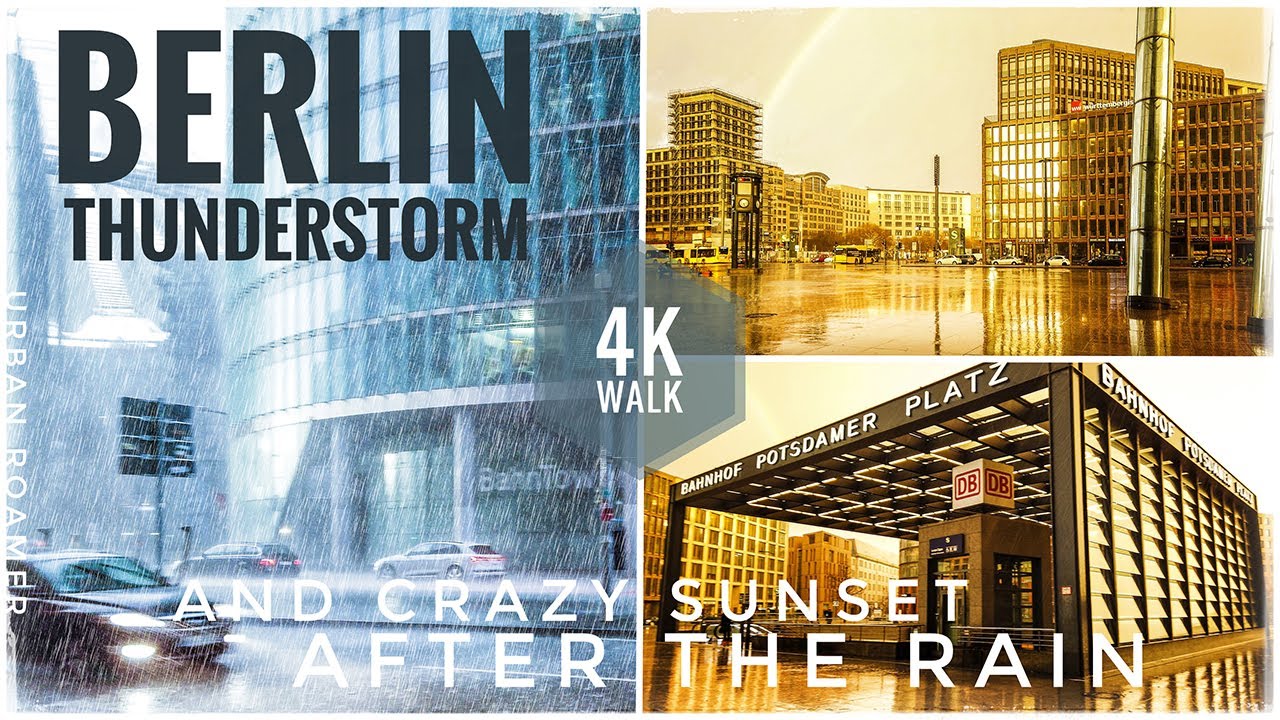 Heavy Thunderstorm over Berlin - Atmospheric Rain Walking Video at Potsdamer Platz in 4K | 50fps