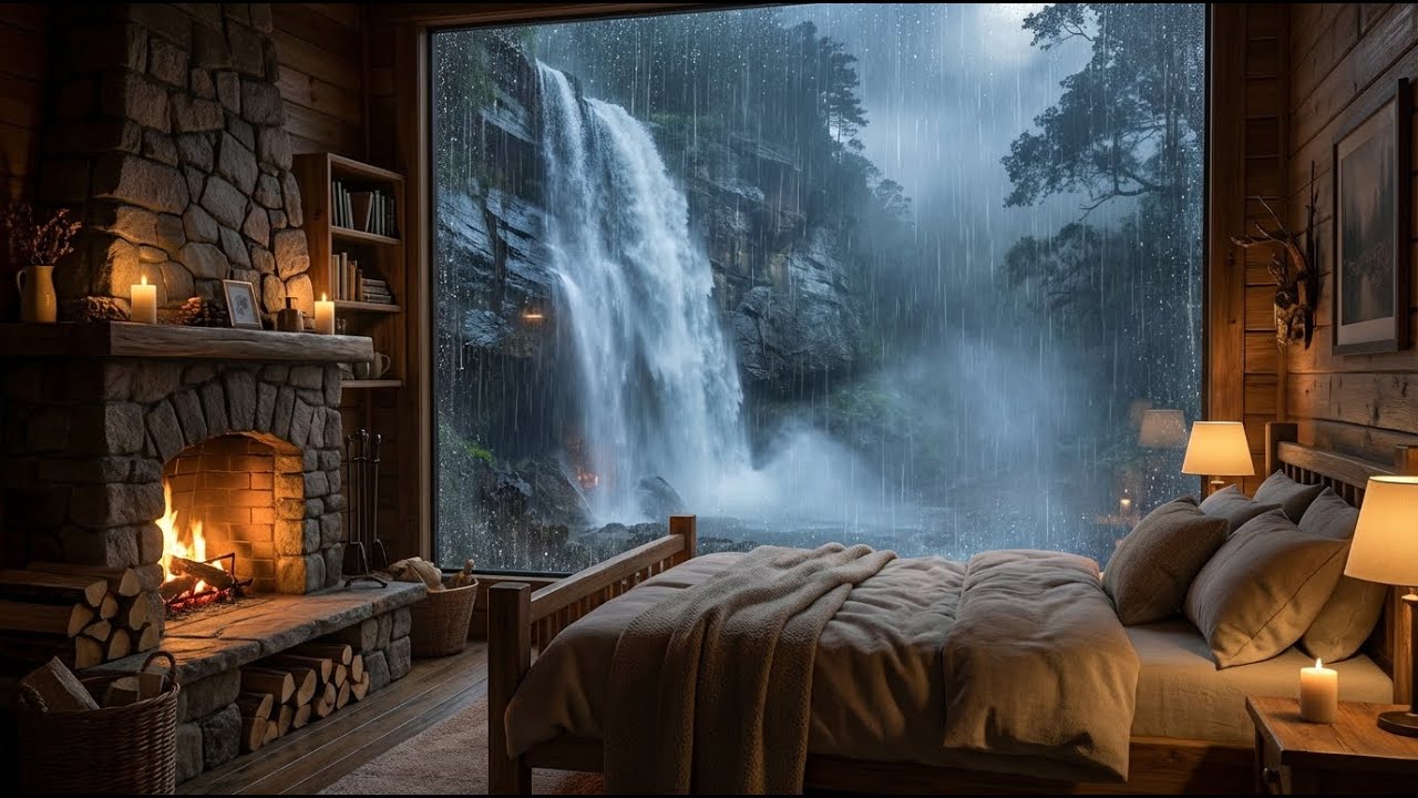 All Night   Secret Waterfall Escape Heavy Rain & Fireplace   for Insomnia Relief