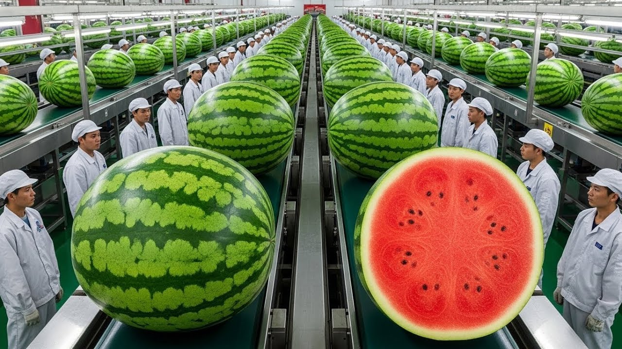 Inside the Giant Watermelon Processing Plant | From Whole Melons to Sweet Red Juice (Full Process)