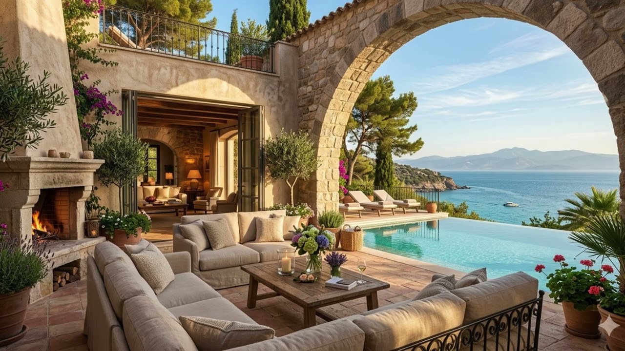 Luxury Oceanfront Villa Ambience 🌊 Cozy Fireplace, Relaxing Coastal View for Focus, Study & Sleep