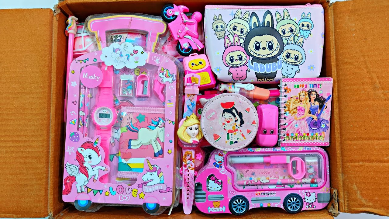 Unboxing Pink Stationery 📚, Unicorn Kit, Pouch, Pencil Box, Sharpener, Erasner, Notebook, Pen, Watch