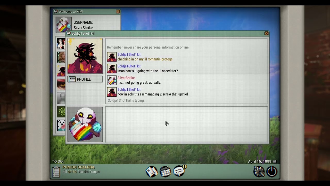 Warframe 1999: Quincy checking on his romance protege - advice given on Amir - not great choice