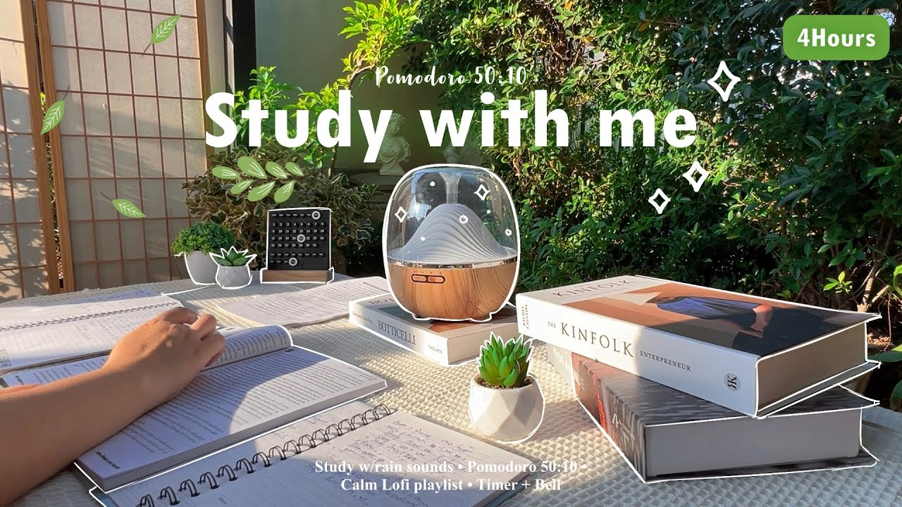 4-HOUR 🌳 Study With Me • Rain sounds☔ + Lofi bgm • Pomodoro 50-10 • Day192☀️