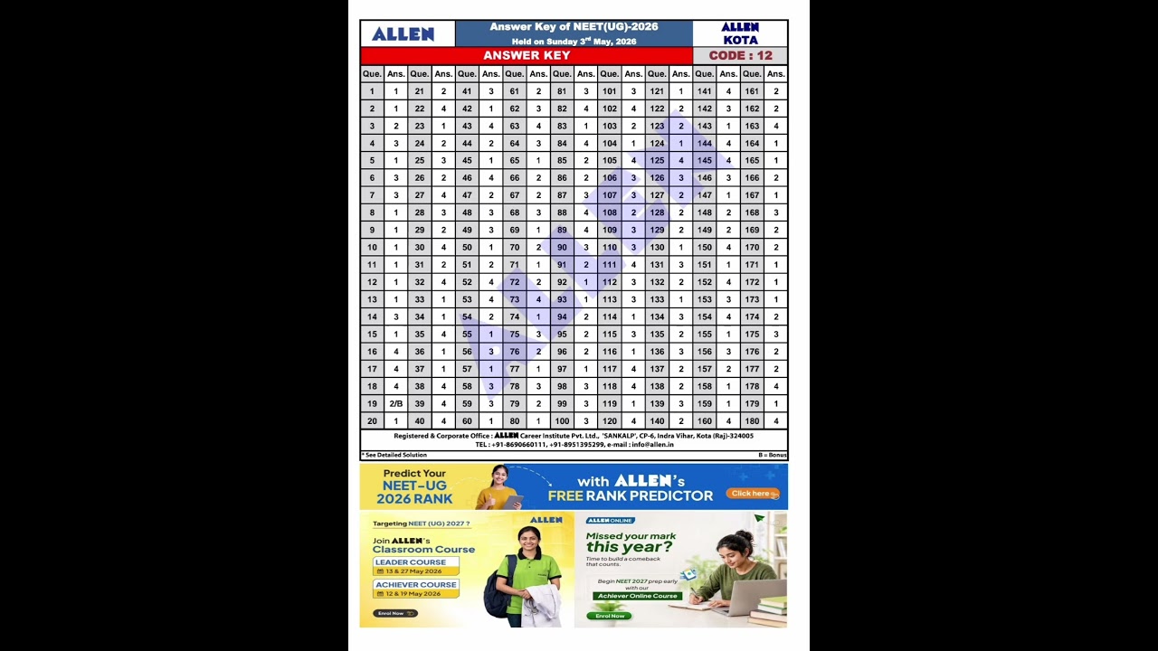 Neet 2026 answer key 🚀 | ALLEN | Code 12🔐| Neet 2026 question paper with answer | Verma Study
