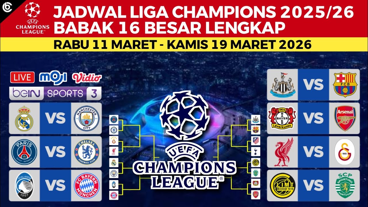 Jadwal 16 Besar Liga Champions 2026 Live Moji TV - Real Madrid vs Man City , PSG vs Chelsea 