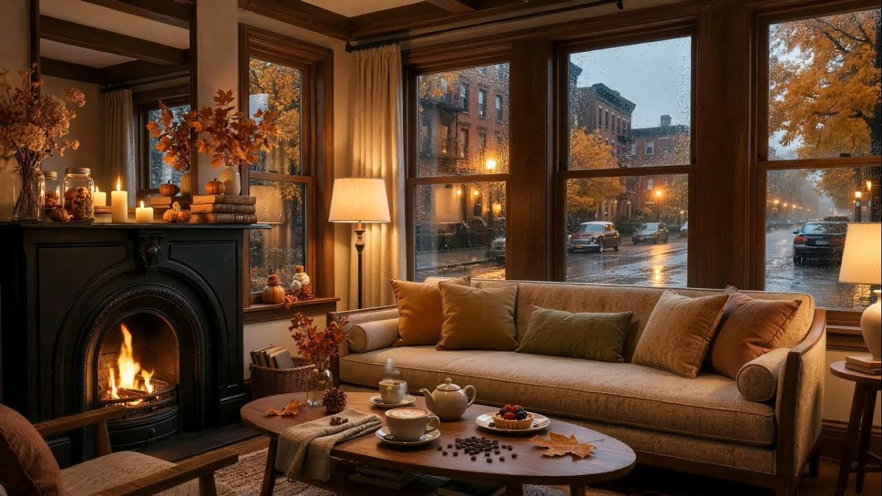 Smooth Jazz Piano on a Rainy Autumn Evening 🍂 Cozy Living Room Ambience for Study, Focus Work &Relax