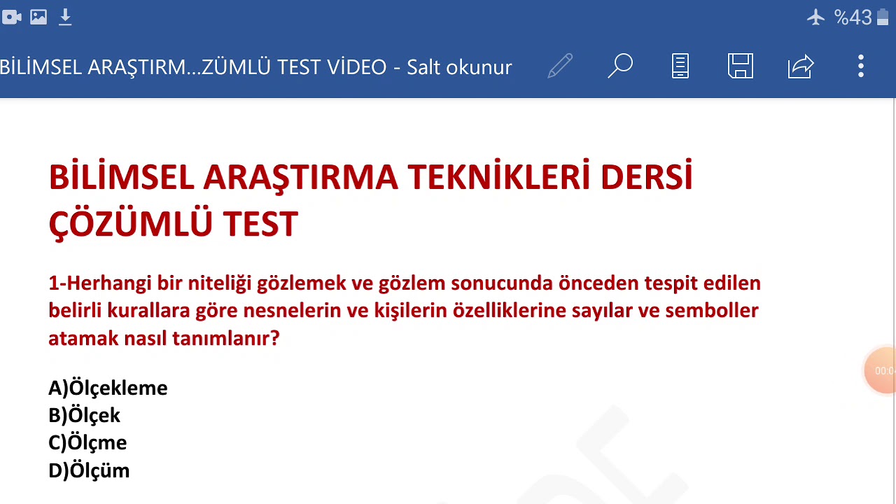 AUZEF ÇÖZÜMLÜ TEST 1.SINIF BİLİMSEL ARASTIRMA TEKNİKLERİ FINAL