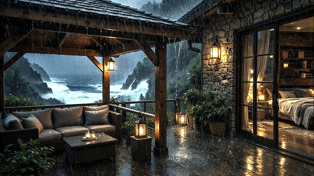 Stormy Night at a Cozy Cliffside Cabin | Relaxing Heavy Rain and Ocean Waves for Deep Sleep ⛈️🌊
