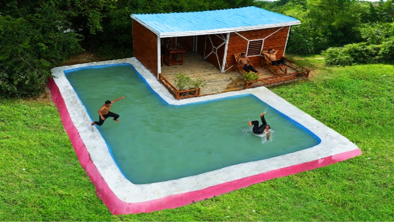 35 days in total: Building a Bamboo Wood Villa & Create a luxurious pool for them [Full]