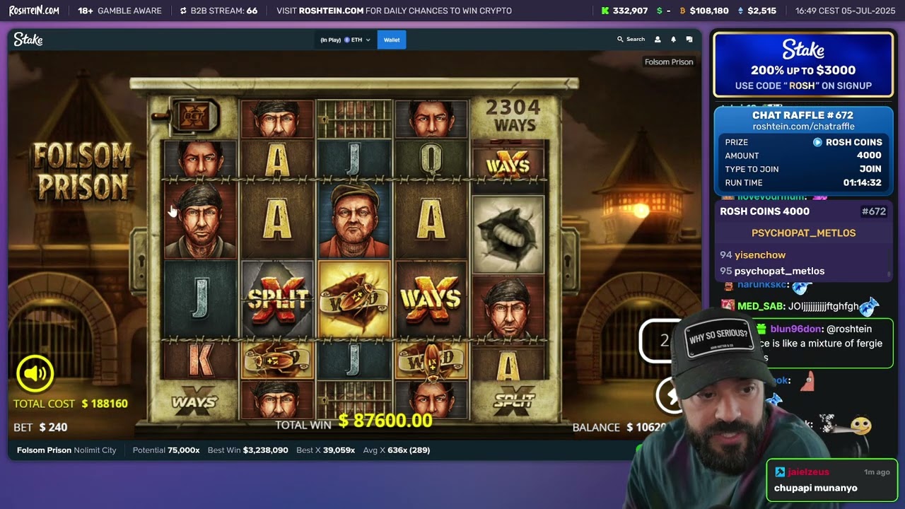 Roshtein $18&nbsp;million&nbsp;75,000x&nbsp;Folsom&nbsp;Prison&nbsp;max&nbsp;win!!!