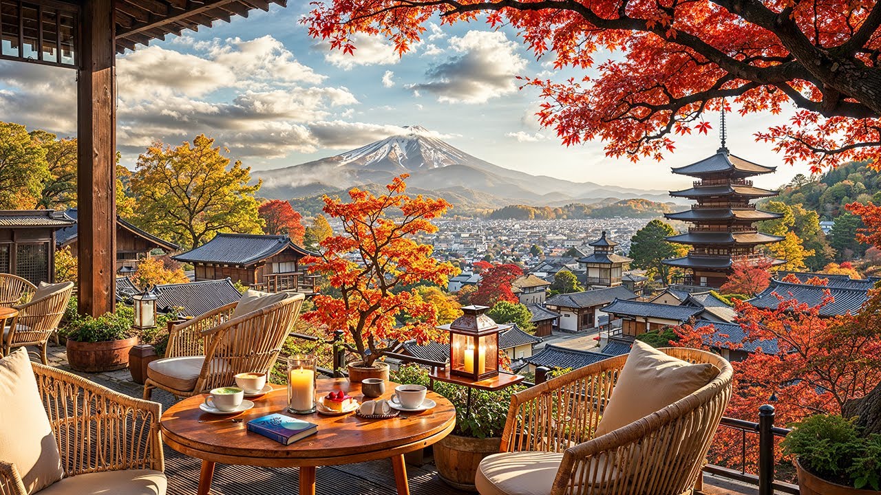 Autumn Jazz Café in Japan | Relaxing Jazz Music with Mount Fuji View for Study & Work