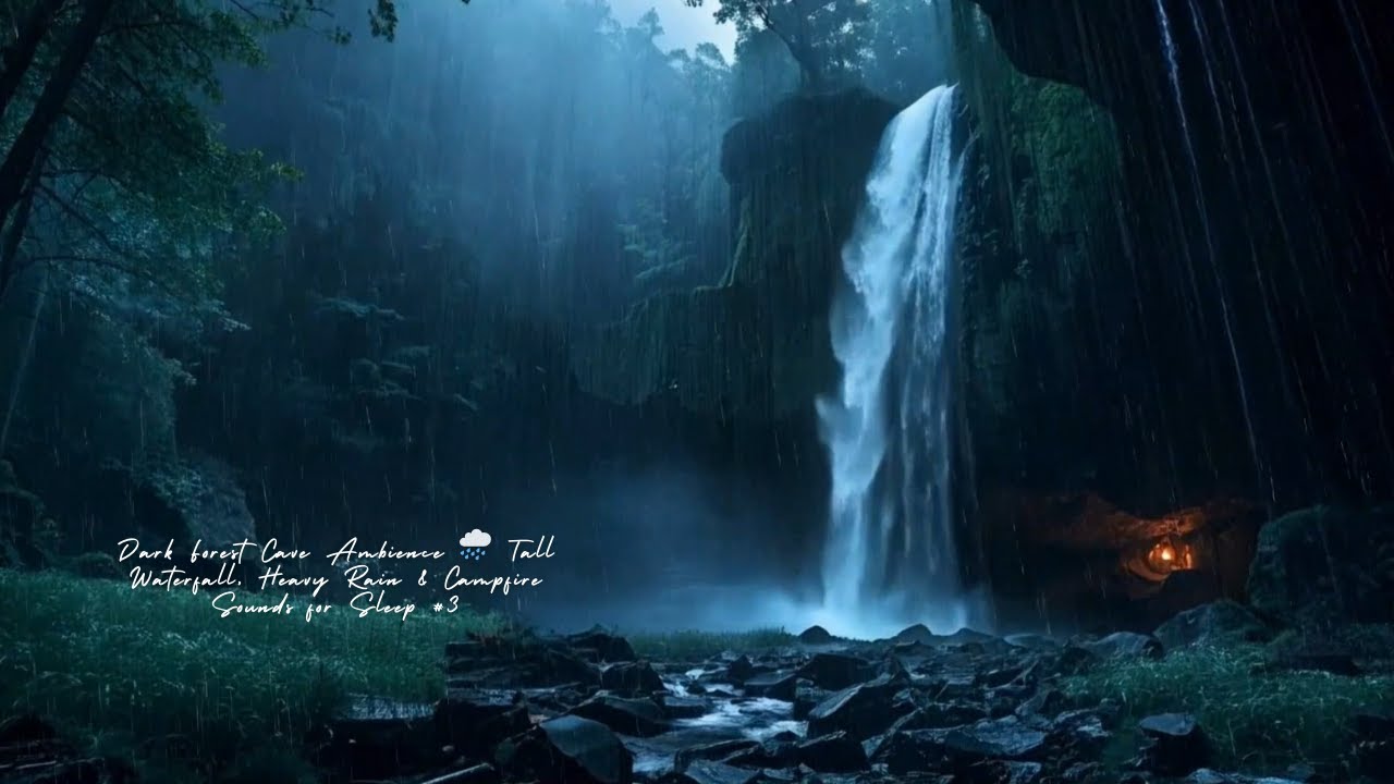 Dark Forest Cave Ambience 🌧️ Tall Waterfall, Heavy Rain & Campfire Sounds for Sleep #3