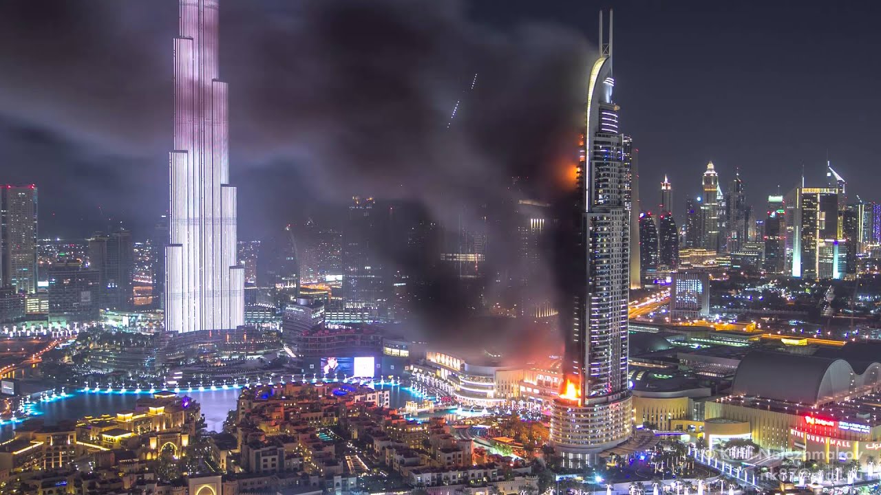 New Year with Huge Fire at The Address Downtown Dubai Luxury Hotel timelapse