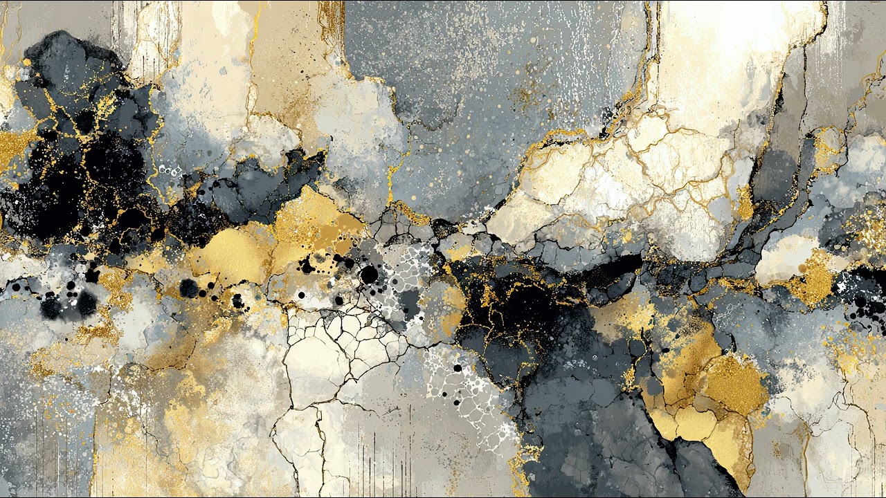 Abstract greys and gold - Marbleized art. 1 hour 4K TV Wall Art screensaver.