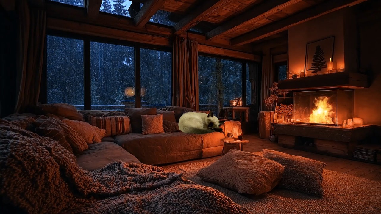 Cozy Gale Cabin Mountain: Heavy Rain Thunder & Crackling Fire 3 Hours 🌧️🔥