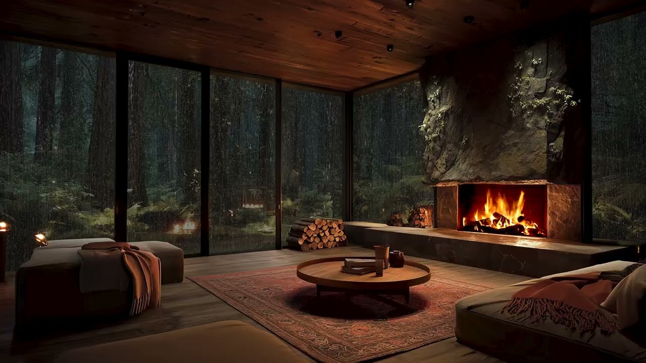 Heavy Rain & Fireplace Sound | Cozy Living Room for Deep Sleep, Stress Relief & Relaxation
