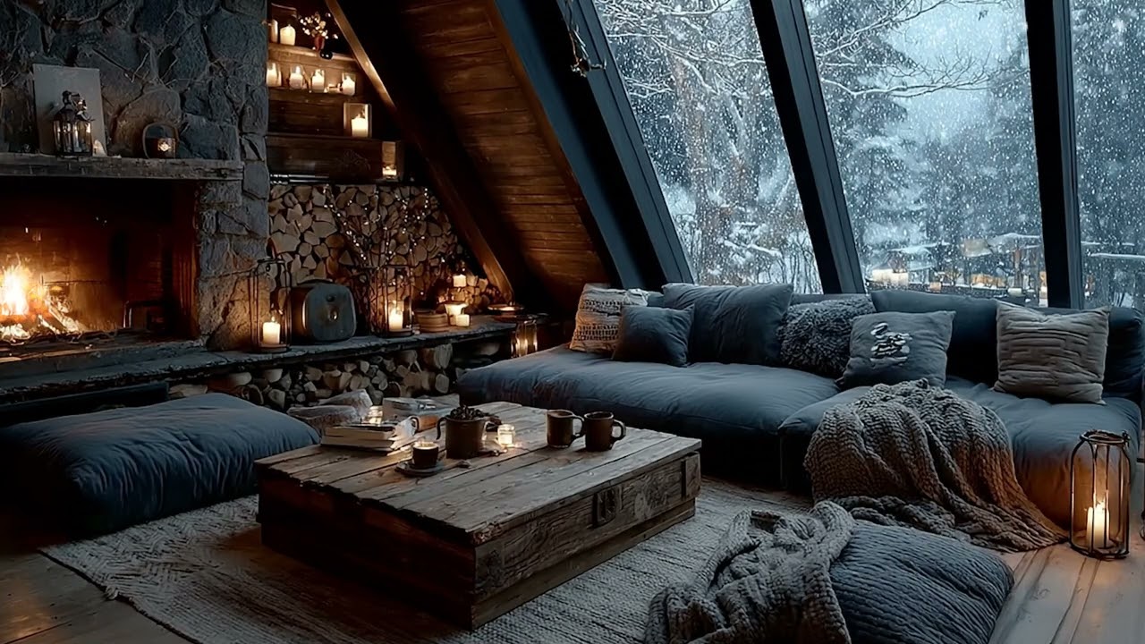 Warm Holiday Fireplace in a Hidden Winter Cabin ❄️ Snowfall Ambience for Peaceful Escape
