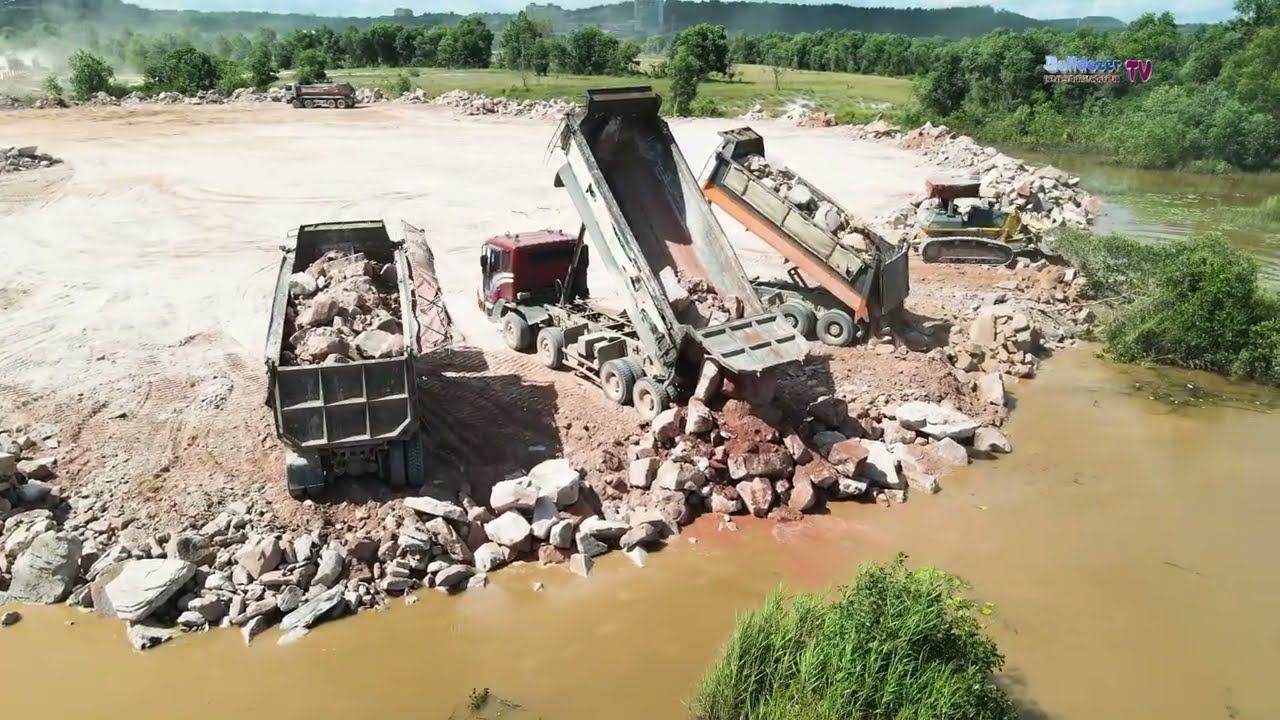 Wonderful Large Landfill Task! Move On Stone Using Heavy Bulldozers Team With Dump Trucks Process