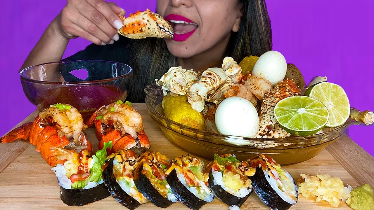 ASMR EATING SPICY SUSHI raw+SEAFOOD BOIL+LOBSTER TAILS WITH BLOVES SAUCE MUKBANG {EATING SOUNDS}
