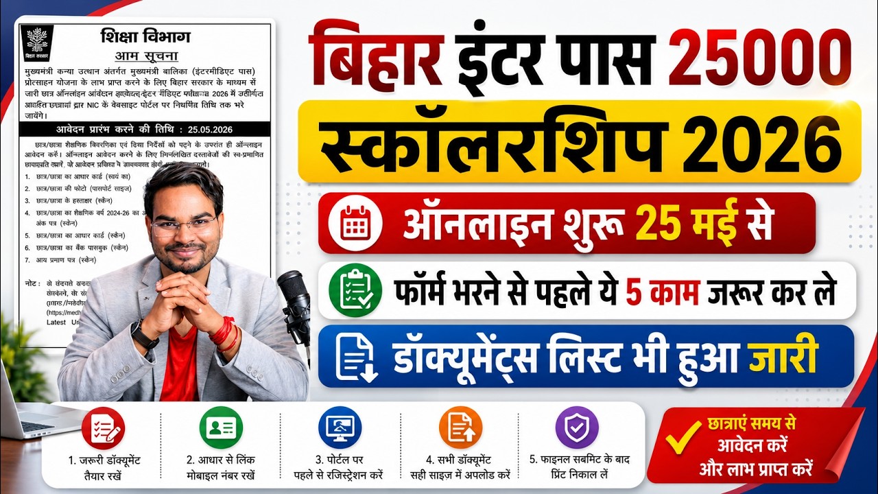 Inter pass scholarship 2026 apply online Notice Out | Bihar 12th pass scholarship 2026 Full Details