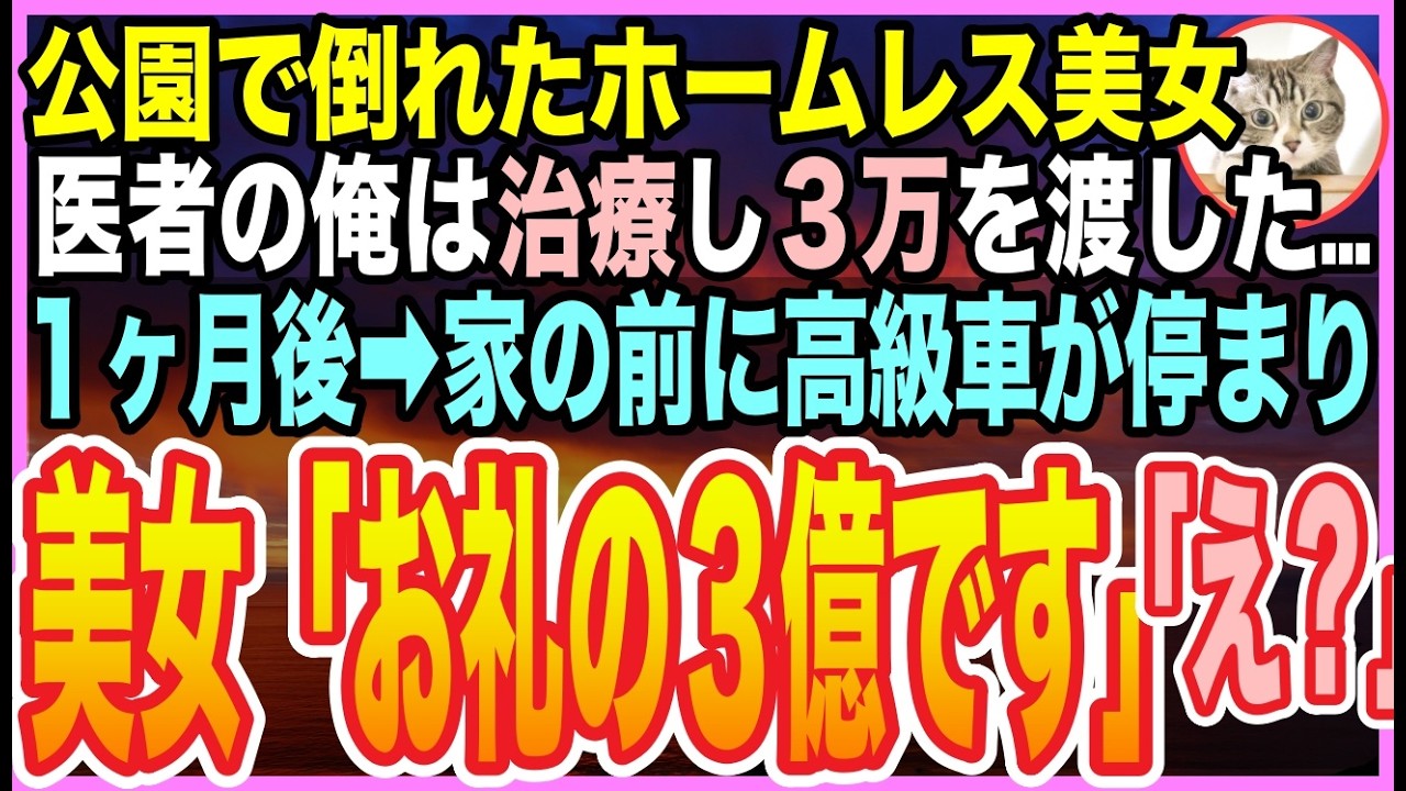 【感動する話】公園で倒れたホームレス美女を治療し現金3万を渡した医者の俺。1ヶ月後➡︎家の前に高級車が停まると…「お返しの３億円です」「え？」【いい話】【朗読】