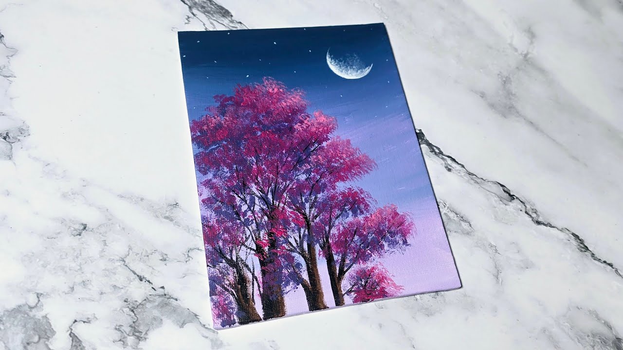 Cherry Blossom Tree / Night Sky Acrylic Painting Idea for Beginners ✨️