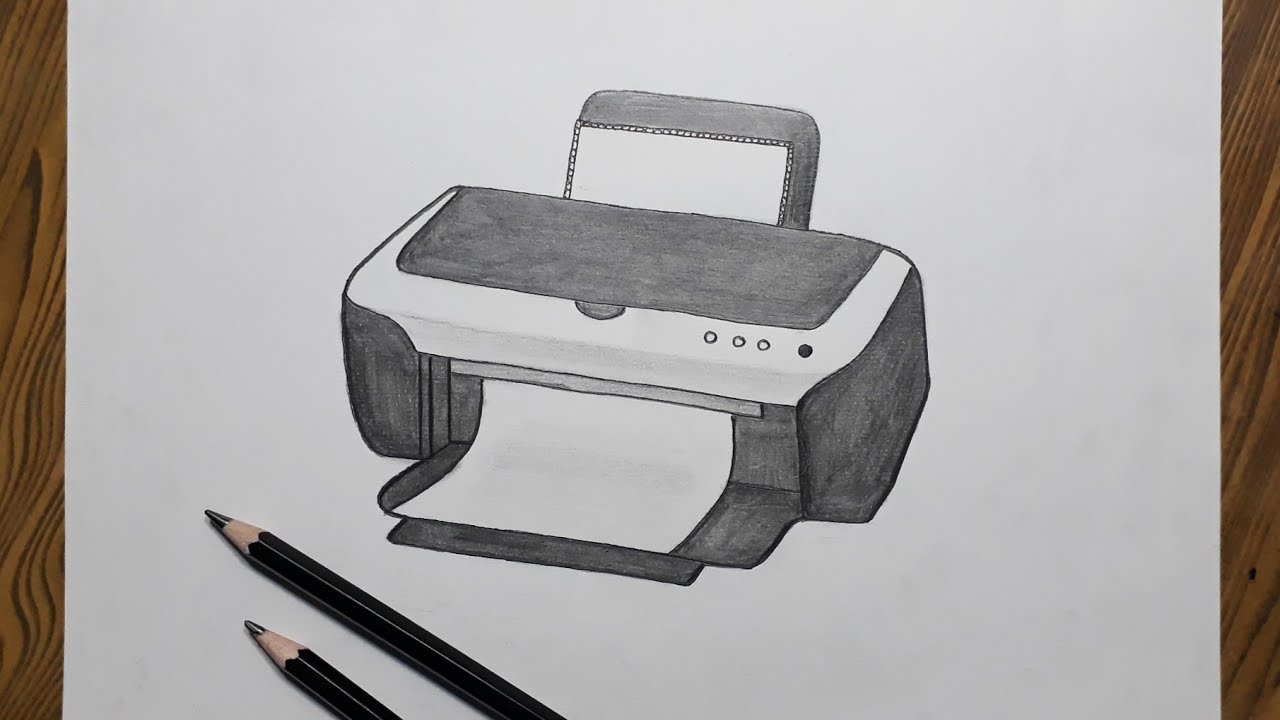 How to draw printer step by step with pencil shading