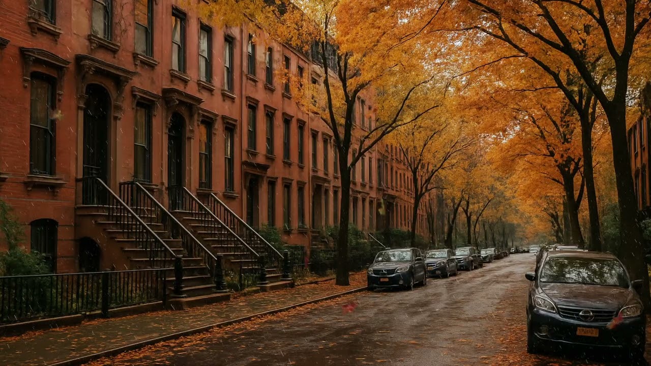 Rainy Autumn in New York | Cozy Brownstone Street Ambience with Falling Leaves 🍂🍁