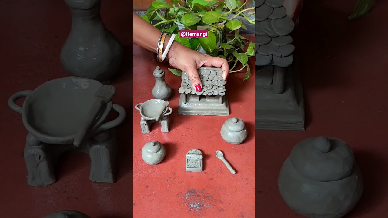Village style mini clay house and cooking pots making #shorts