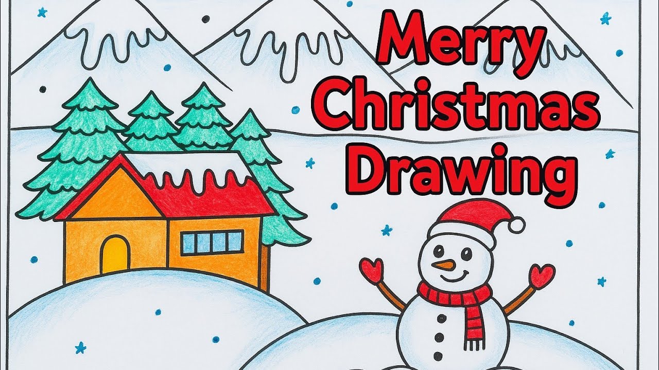 Christmas drawing easy/Merry Christmas scenery drawing/Christmas tree drawing/Snowman drawing