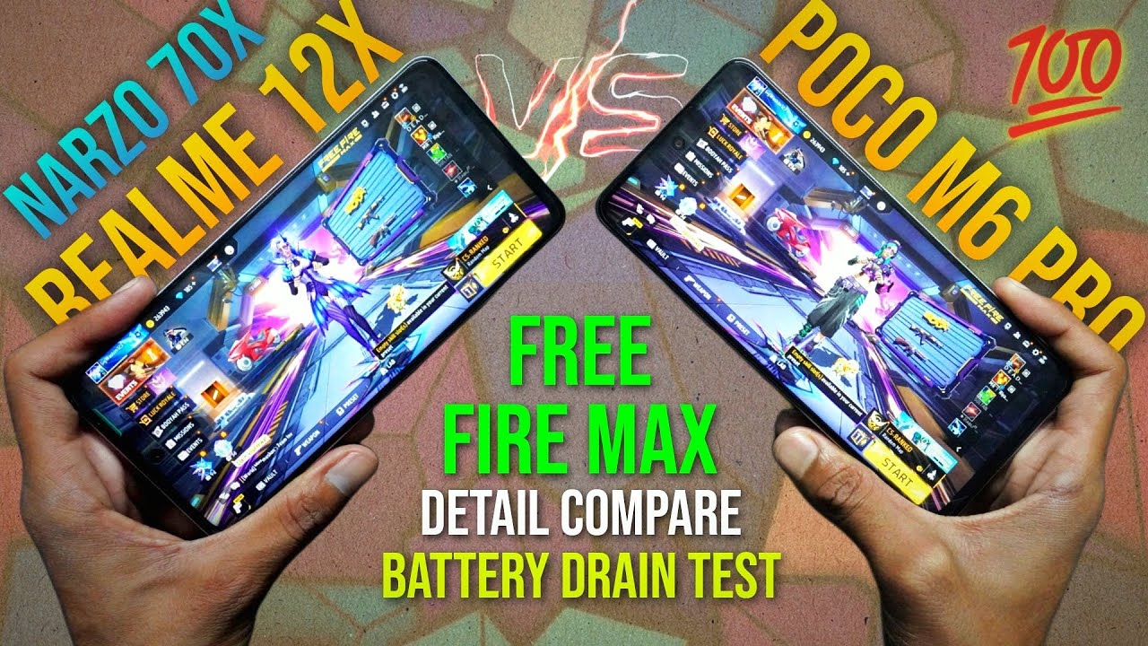Poco M6 Pro 🆚 Realme 12X 🆚 Narzo 70X Free Fire Max detail compare || battery🔋drain test....