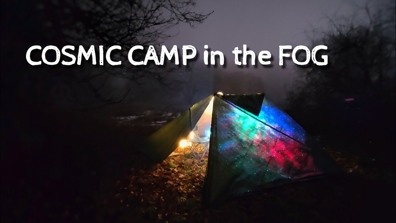 Camp In The Fog - Tarp Setup, DIY Heater & Galaxy Light Vibes