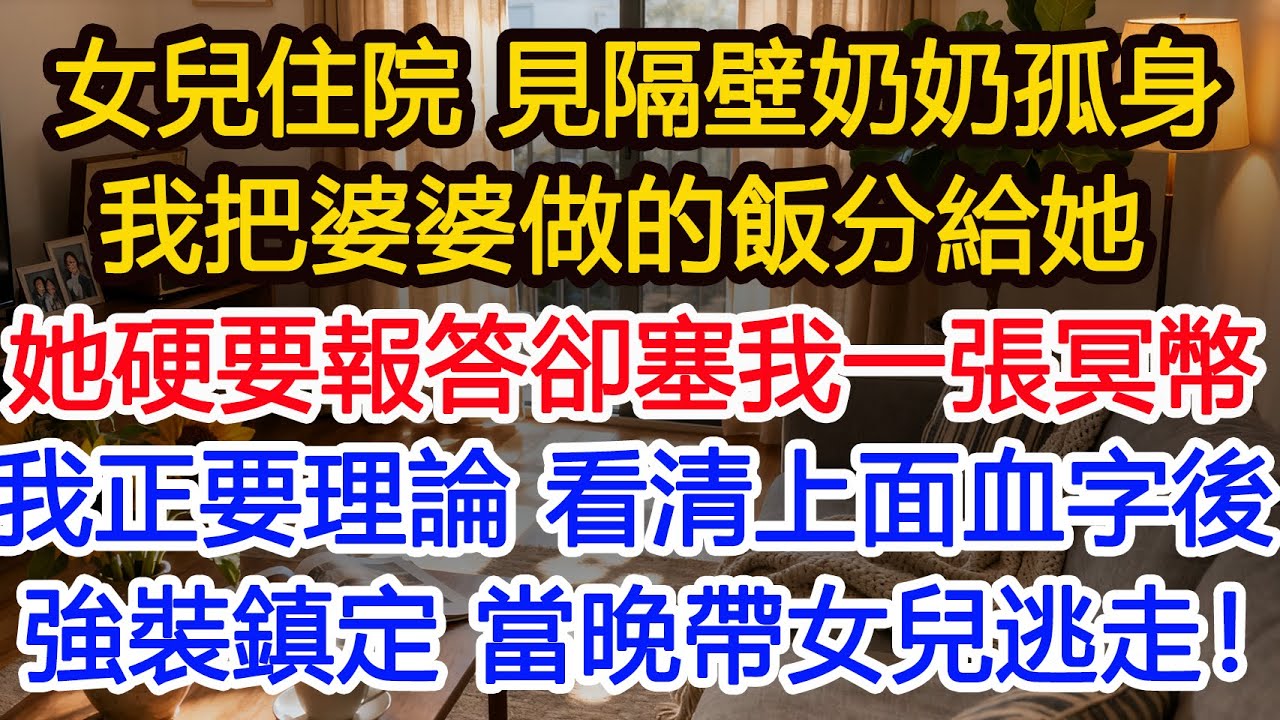 女兒食物中毒住院，見隔壁床奶奶沒人照顧，我把婆婆做的飯分給她，奶奶硬要報答卻塞我一張冥幣，我正要理論，看清上面的血字後強裝鎮定，當晚帶女兒逃走#為人處世 #正能量 #故事分享 #生活經驗 #情感 