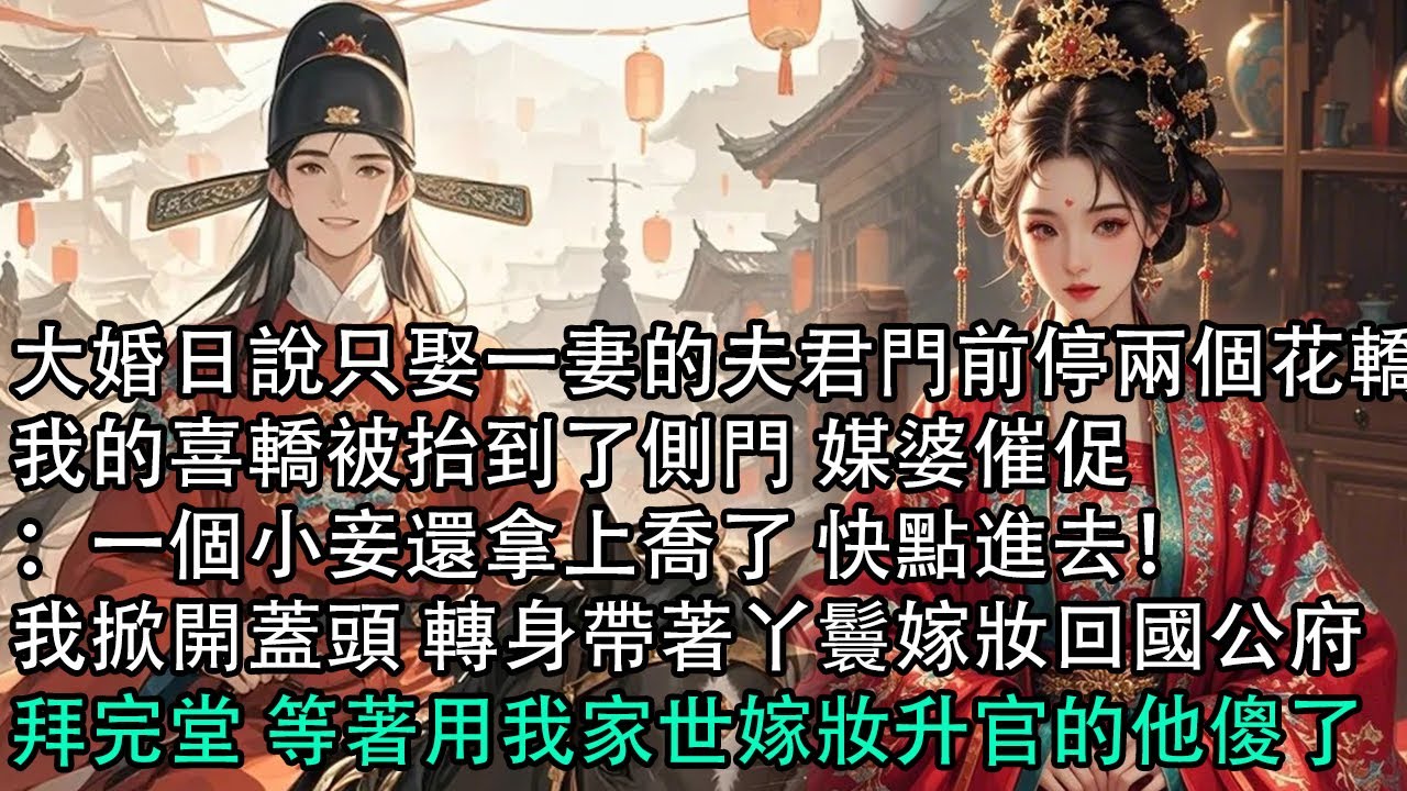 【一口氣看完】大婚日說只娶一妻的夫君門前停兩個花轎，我的喜轎被抬到了側門 媒婆催促：一個小妾還拿上喬了 快點進去！我掀開蓋頭 轉身帶著丫鬟嫁妝回國公府，拜完堂 等著用我家世嫁妝升官的他傻了