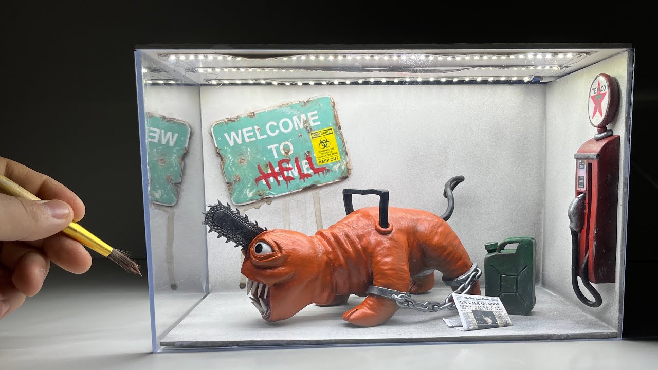 Diorama of realistic Chainsaw Pochita In the Gas Station