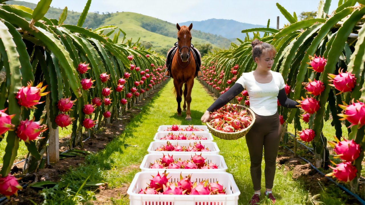 Harvesting Half a Ton of Dragon Fruit | Strong Horse Hauling to Market