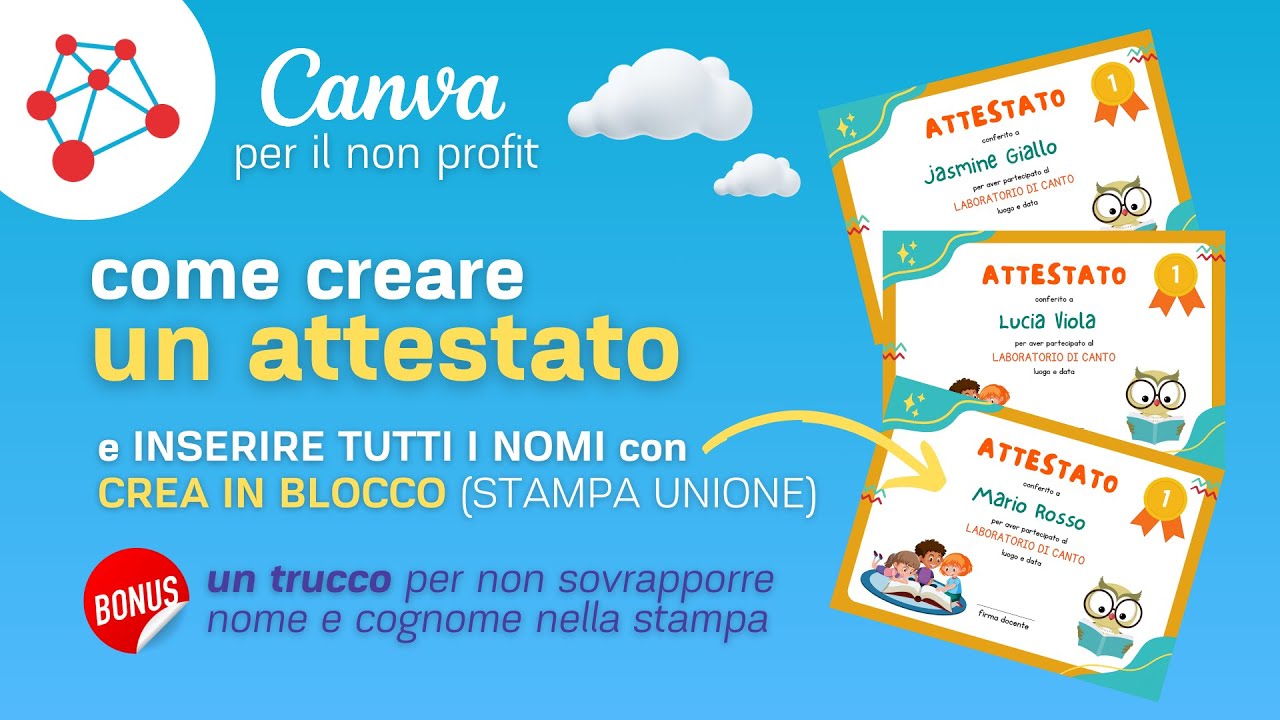 Realizza un attestato e usa Crea in blocco per inserire tutti i nomi | Tutorial Canva non profit