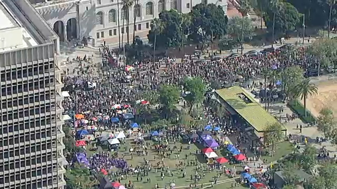'No Kings' protesters march through downtown Los Angeles