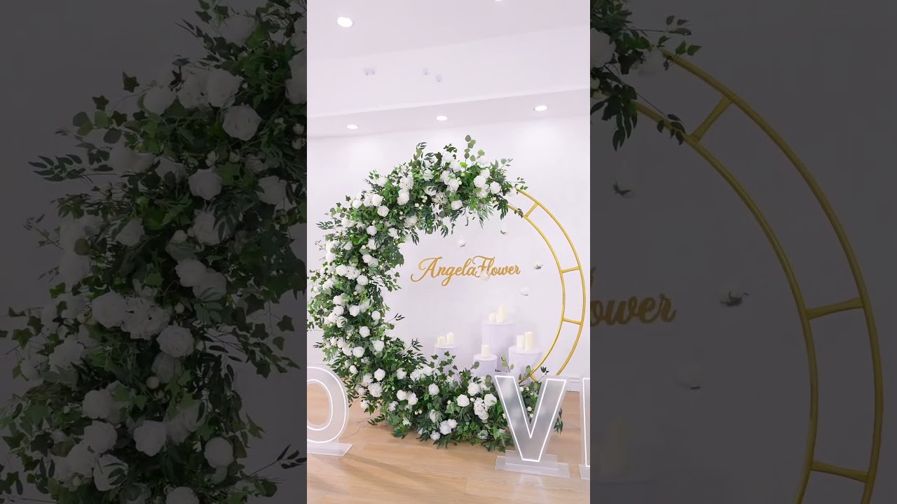 White Rose Peony Greenery Flower Row Wedding Background Round Arch #wedding #stage #flowers #florist