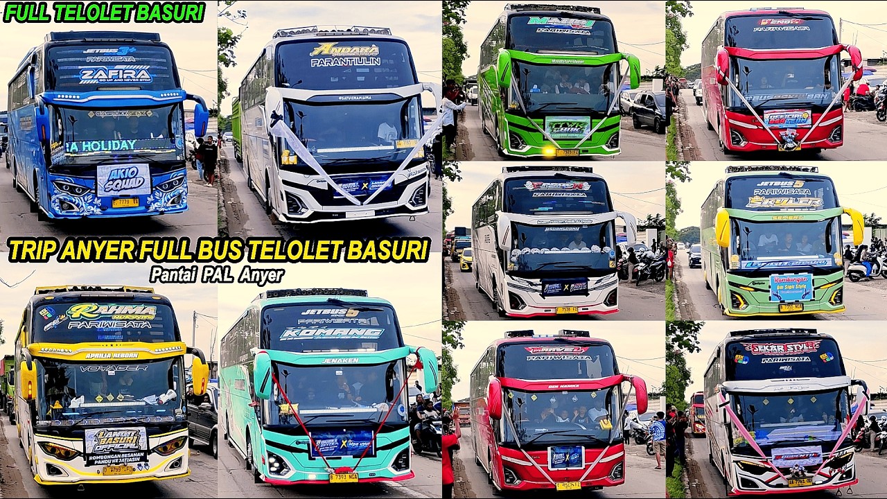 FULL BUS TELOLET BASURI🥳 Hunting Bus Trip Anyer Di Pantai PAL Anyer, Banyak Bus Artis Basuri